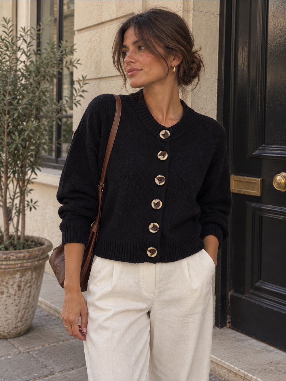 Quince 100% Organic Cotton Fisherman Collared Cardigan Black Sweater S